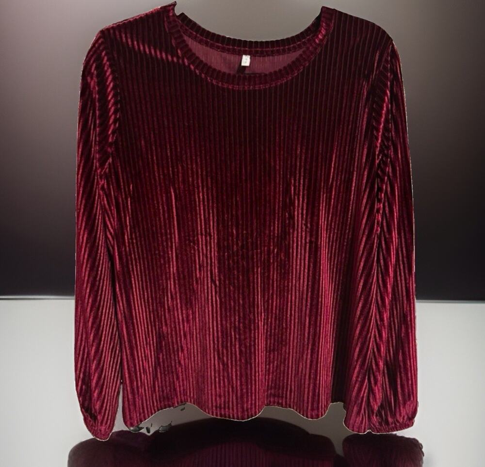 Cato Burgundy Solid Pleated crushed velvet Round Neck Long Sleeve Pullover Top L